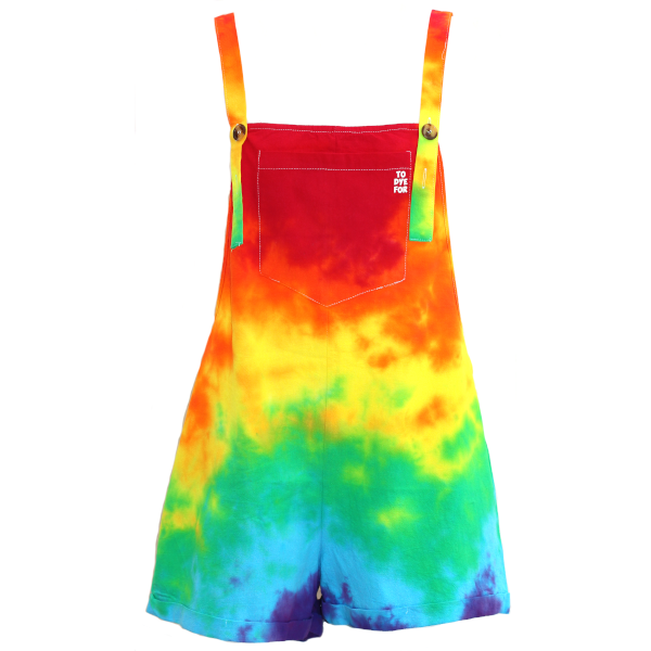 short dungarees in a rainbow colourway on a whtie background